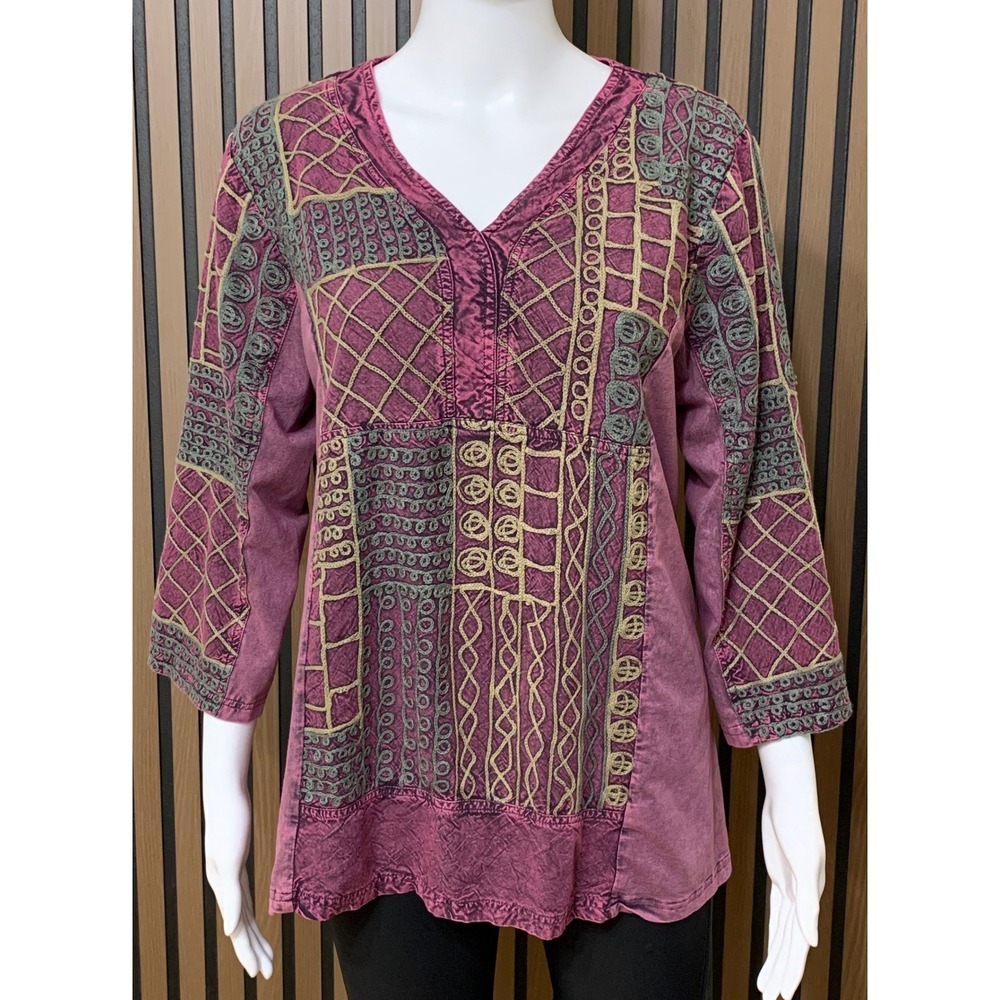 Parsley & Sage Purple Mineral Wash Embroidered V-Neck Tunic Top L Lagenlook